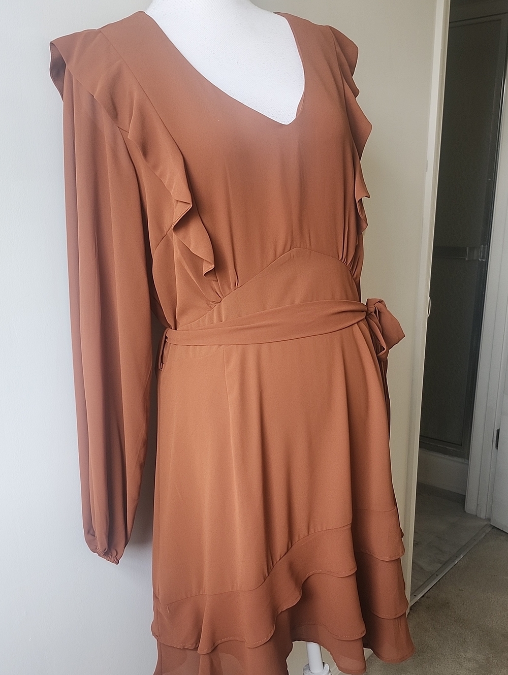 City Chic Ruffle Teirs Flare Mini Dress Rust Size 16 Party Long Sleeves Fall - Picture 3 of 8